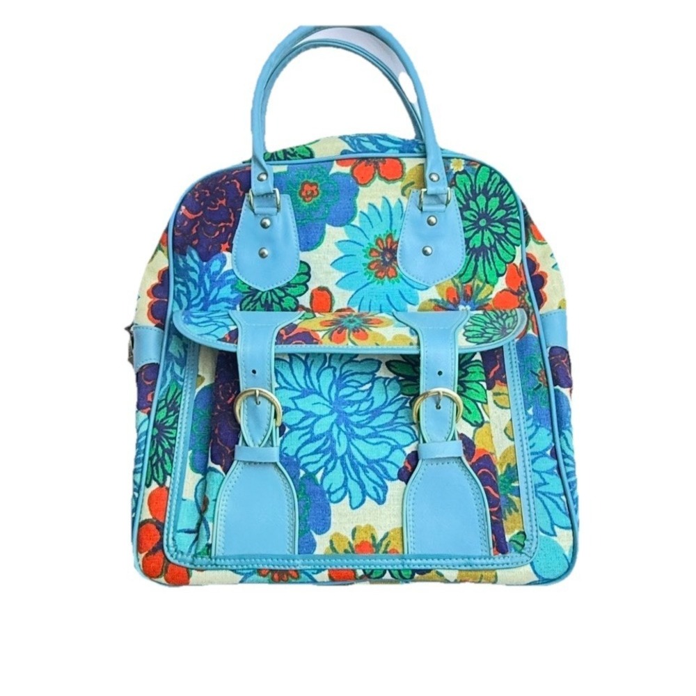 Rare Vintage 1960s Japanese Mod Floral Bowling Bag Embossed Turquoise Purse Tote